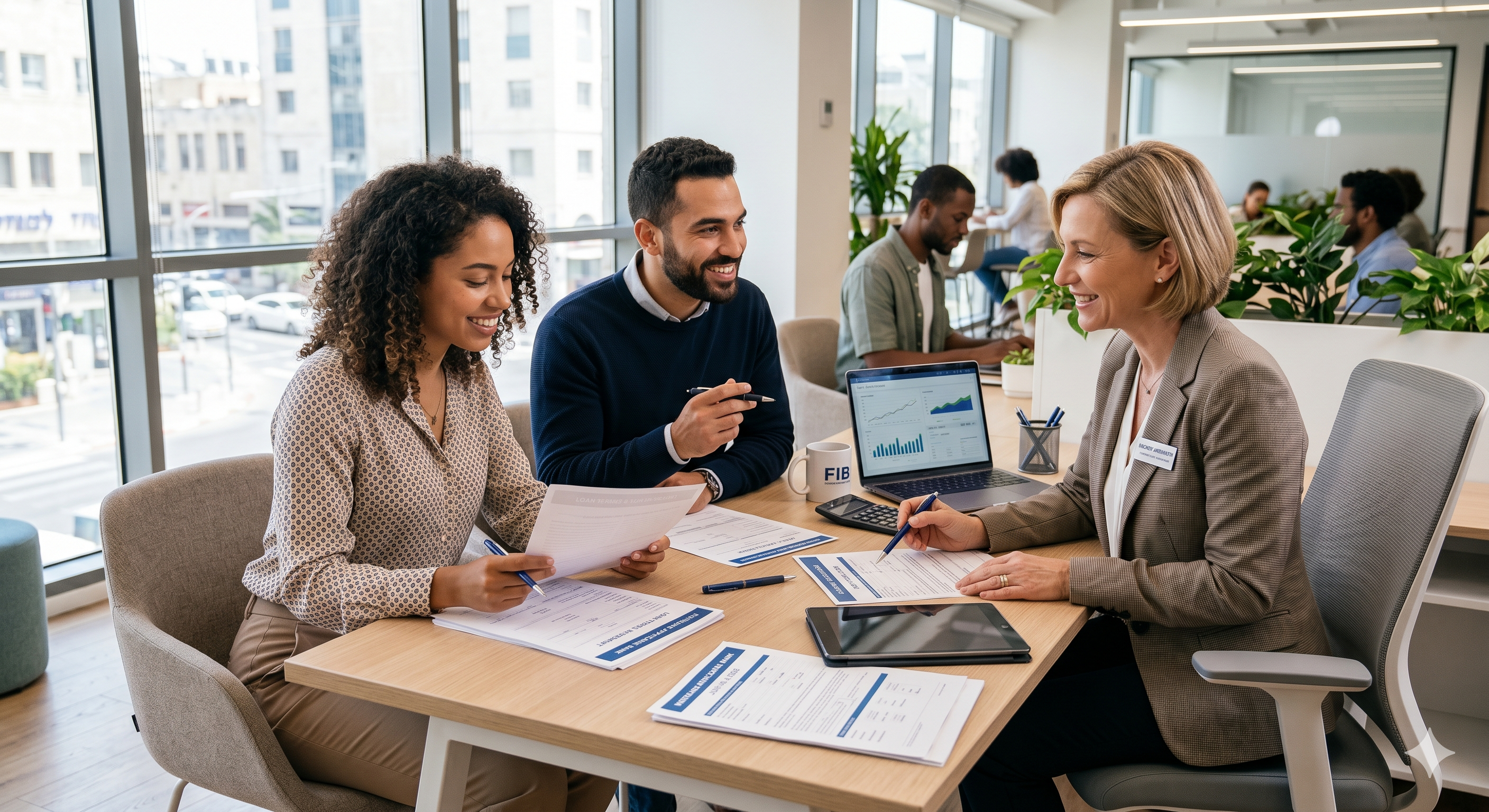 Couple reviewing mortgage documents with a financial advisor