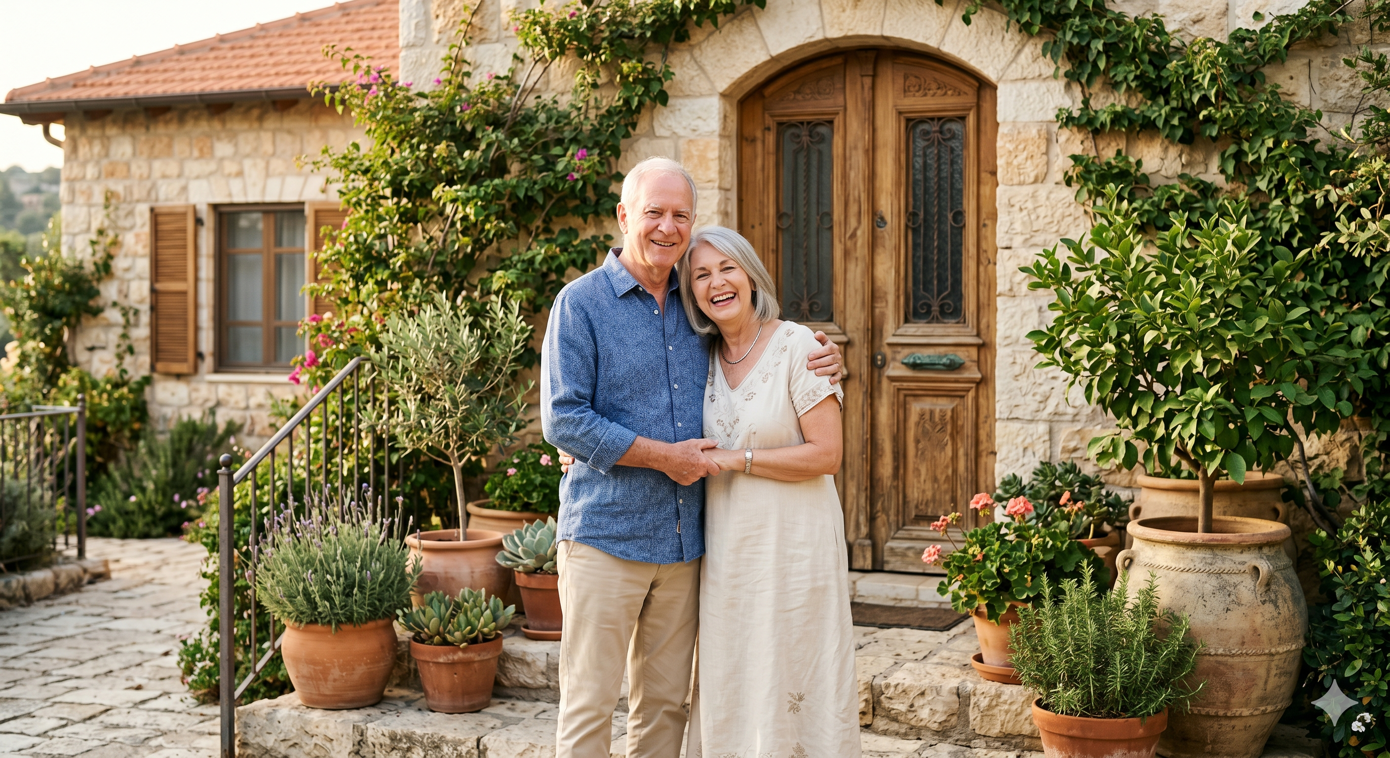 Smiling senior couple — reverse mortgage homeowners